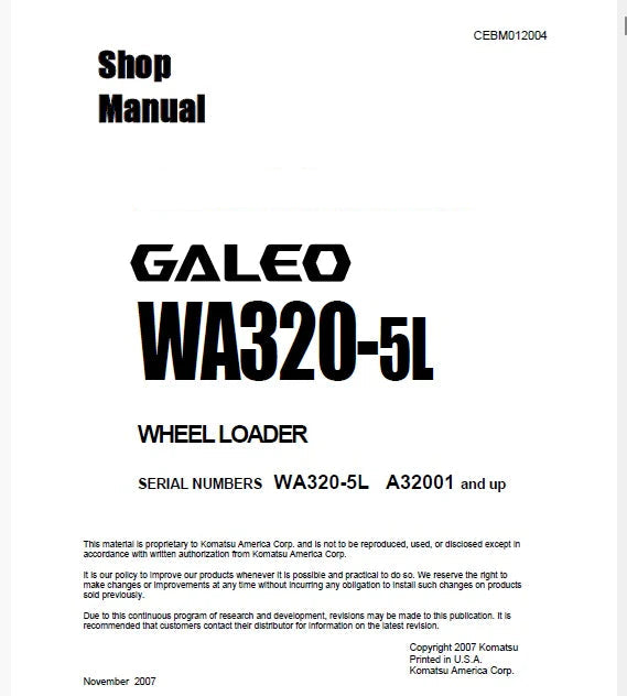 Komatsu Galeo WA320-5L Wheel Loader Pdf Repair Service Manual Sn A32001 and UP