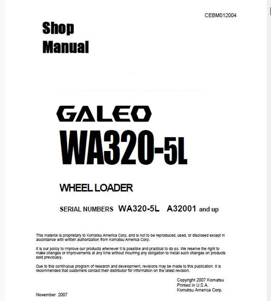 Komatsu Galeo WA320-5L Wheel Loader Pdf Repair Service Manual Sn A32001 and UP
