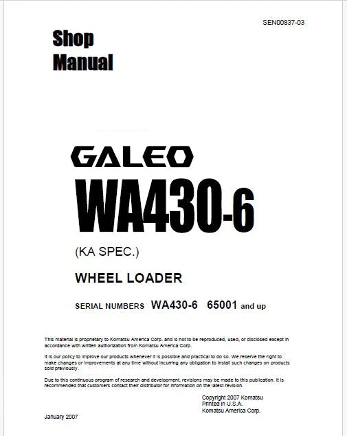 Komatsu Galeo WA430-6 Wheel Loader Pdf Repair Service Manual Sn 65001 and UP (KA SPEC.)