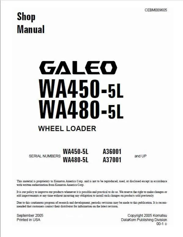 Komatsu Galeo WA450-5L, WA480-5L Wheel Loader Pdf Shop Repair Service Manual
