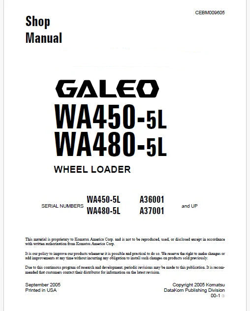 Komatsu Galeo WA480-5L Wheel Loader Pdf Repair Service Manual Sn A37001 and UP