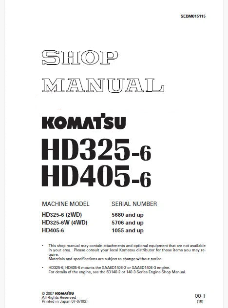 Komatsu HD325-6 (2WD) Dump Truck Pdf Repair Service Manual Sn 5680 and UP