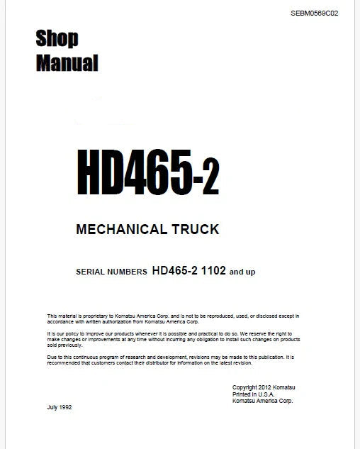 Komatsu HD465-2 Dump Truck Pdf Repair Service Manual Sn 1102 and UP