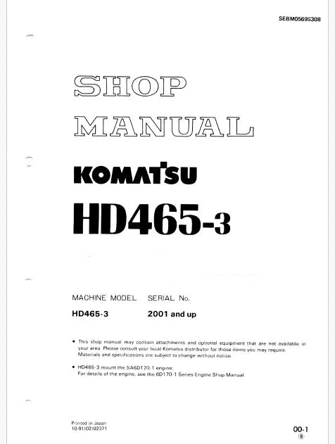 Komatsu HD465-3 Dump Truck Pdf Repair Service Manual Sn 2001 and UP