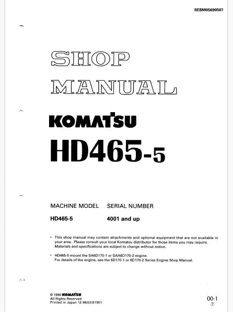 Komatsu HD465-5 Dump Truck Pdf Repair Service Manual Sn 4001 and UP