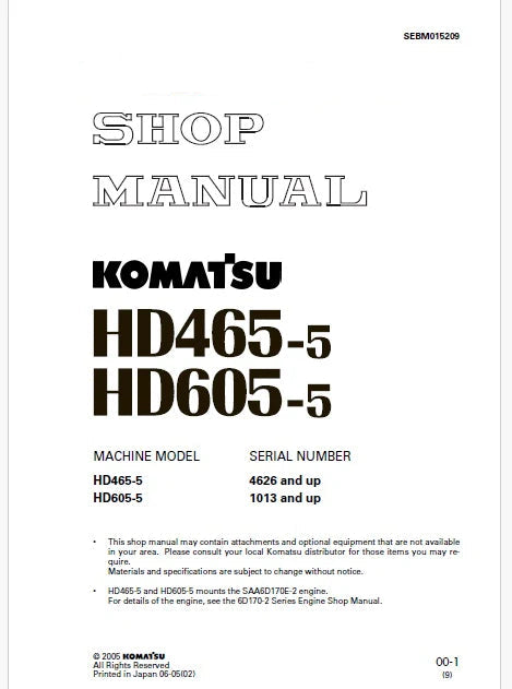 Komatsu HD605-5 Dump Truck Pdf Repair Service Manual Sn 1013 and UP