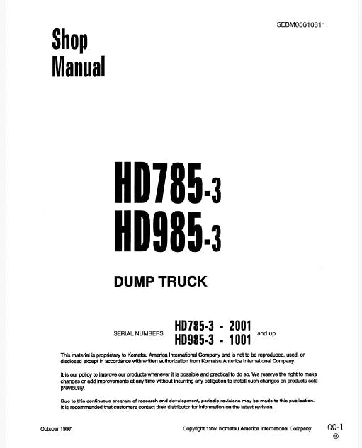 Komatsu HD985-3 Dump Truck Pdf Repair Service Manual Sn 1001 & UP