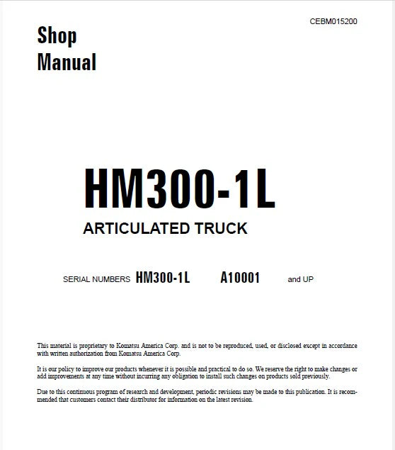Komatsu HM300-1L Articulated Dump Truck Pdf Shop Repair Service Manual Sn A10001 and UP