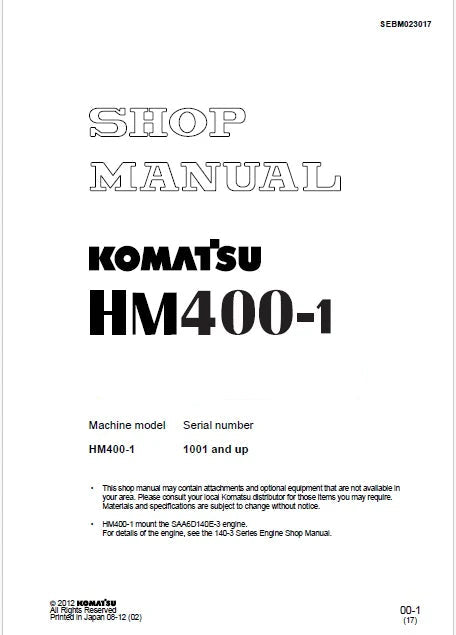 Komatsu HM400-1 Articulated Dump Truck Pdf Shop Repair Service Manual Sn 1001 and UP