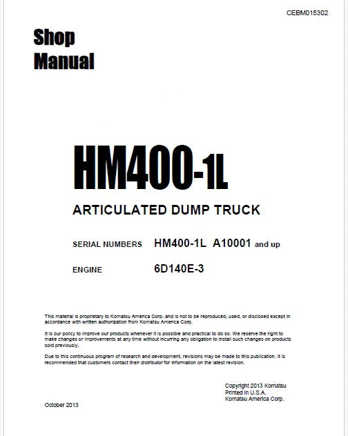 Komatsu HM400-1L Articulated Dump Truck Pdf Shop Repair Service Manual Sn A10001 and UP