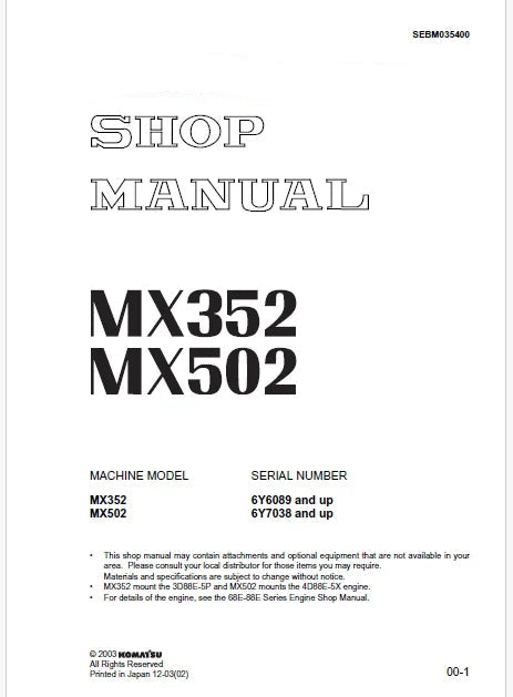 Komatsu MX352 Crawler Excavator Pdf Repair Service Manual Sn 6Y6089 and UP