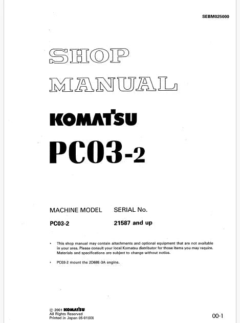 Komatsu PC03-2 Crawler Excavator Pdf Repair Service Manual Sn 21587 and UP