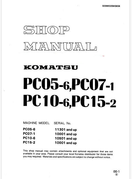 Komatsu PC07-1 Crawler Excavator Pdf Repair Service Manual Sn 10001 and UP