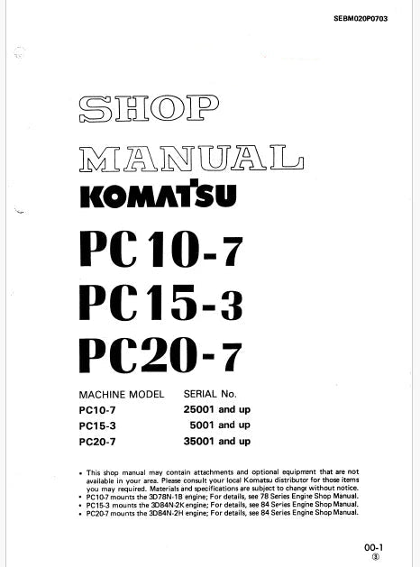 Komatsu PC10-7 Hydraulic Excavator Pdf Repair Service Manual Sn 25001 and UP