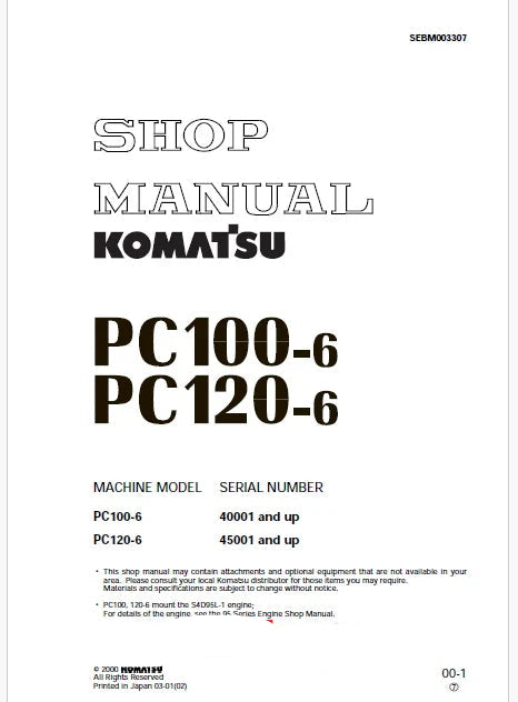 Komatsu PC100-6 Hydraulic Excavator Pdf Shop Repair Service Manual Sn 40001 and UP