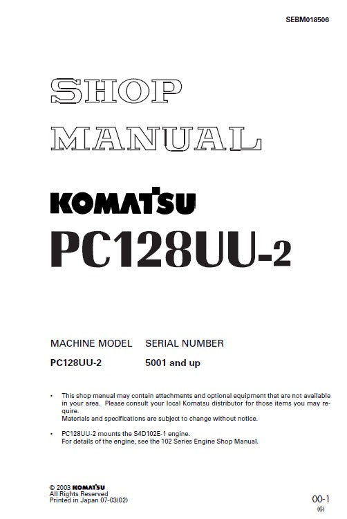 Komatsu PC128UU-2 Hydraulic Excavator Pdf Repair Service Manual