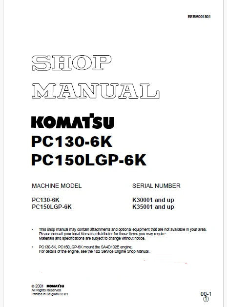 Komatsu PC130-6K Hydraulic Excavator Pdf Shop Repair Service Manual Sn K30001 and UP