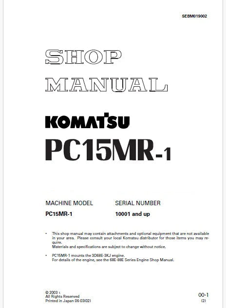 Komatsu PC15MR-1 Crawler Excavator Pdf Repair Service Manual Sn 10001 and UP