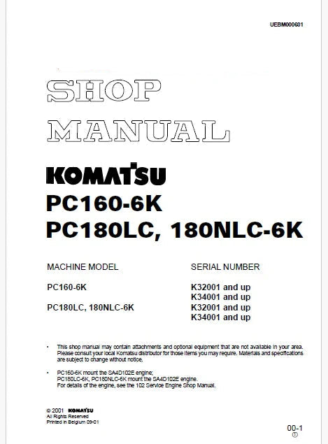 Komatsu PC160-6K, PC180LC, PC180NLC-6K Hydraulic Excavator Pdf Shop Repair Service Manual Sn K32001 and UP
