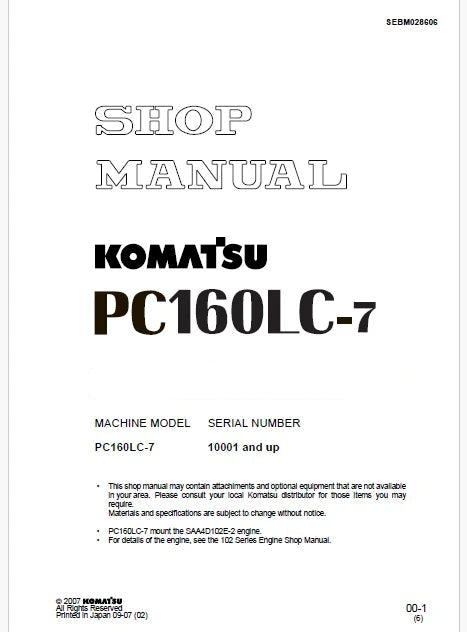 Komatsu PC160LC-7 Hydraulic Excavator Pdf Shop Repair Service Manual Sn 10001 and UP