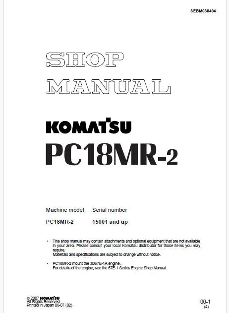 Komatsu PC18MR-2 Hydraulic Excavator Pdf Repair Service Manual Sn 15001 and UP
