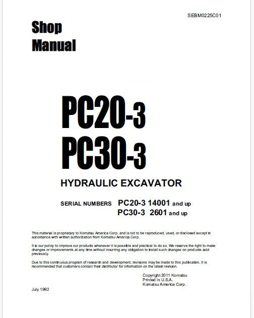 Komatsu PC20-3 Hydraulic Excavator Pdf Repair Service Manual Sn 14001 and UP