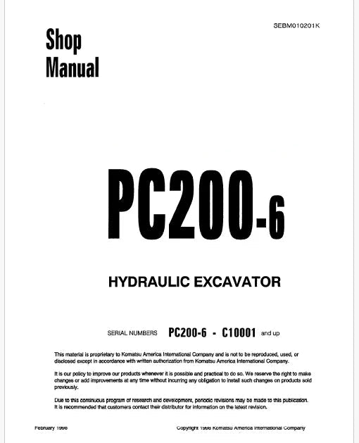 Komatsu PC200-6 Hydraulic Excavator Pdf Shop Repair Service Manual Sn Cl0001 and UP