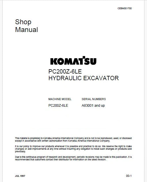 Komatsu PC200Z-6LE Hydraulic Excavator Pdf Shop Repair Service Manual Sn A83001 and UP