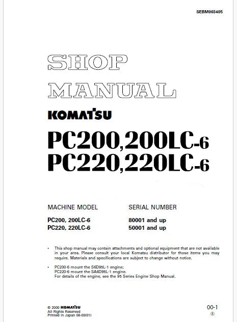 Komatsu PC200, PC200LC-6 Hydraulic Excavator Pdf Shop Repair Service Manual Sn 50001 and UP