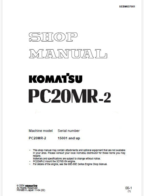 Komatsu PC20MR-2 Hydraulic Excavator Pdf Repair Service Manual Sn 15001 and UP