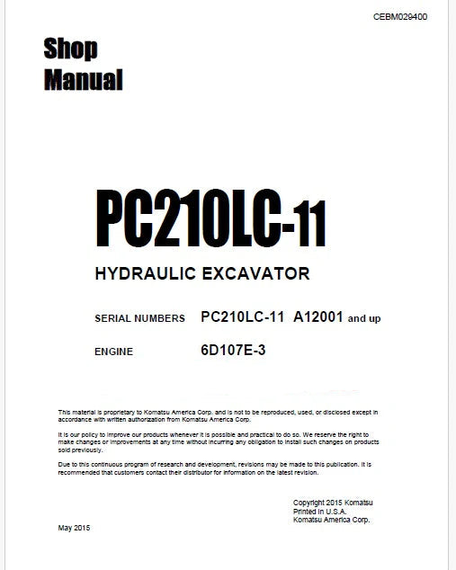 Komatsu PC210LC-11 Hydraulic Excavator Pdf Shop Repair Service Manual Sn A12001 and UP