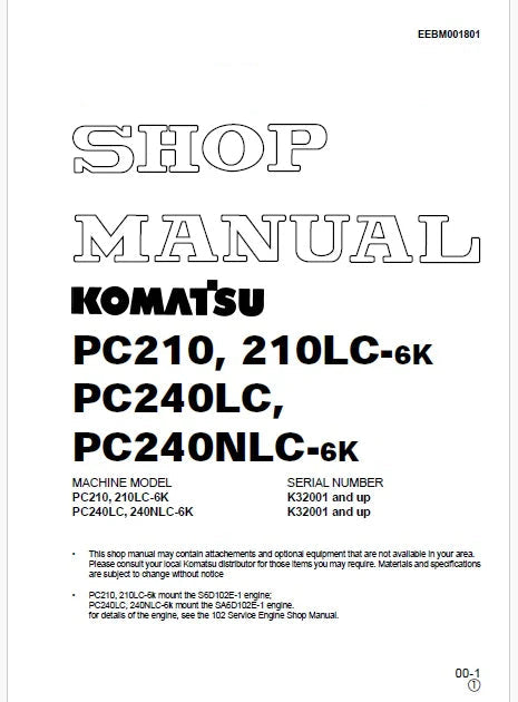 Komatsu PC210, PC210LC-6K, PC240LC, PC240NLC-6K Hydraulic Excavator Pdf Shop Repair Service Manual Sn K32001 and UP