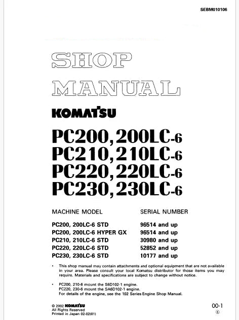 Komatsu PC230, PC230LC-6 STD Hydraulic Excavator Pdf Shop Repair Service Manual Sn 10177 and UP