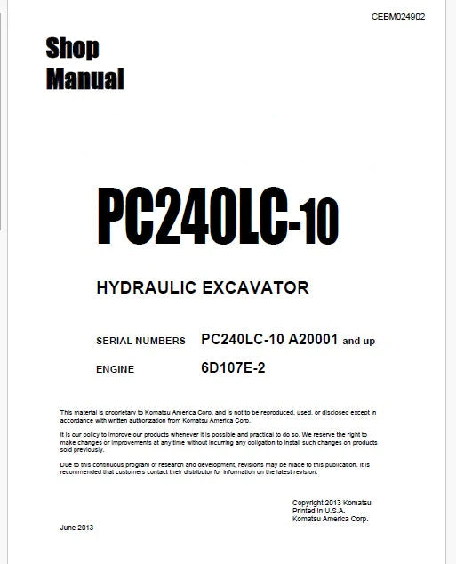 Komatsu PC240LC-10 Hydraulic Excavator Pdf Shop Repair Service Manual Sn A20001 and UP