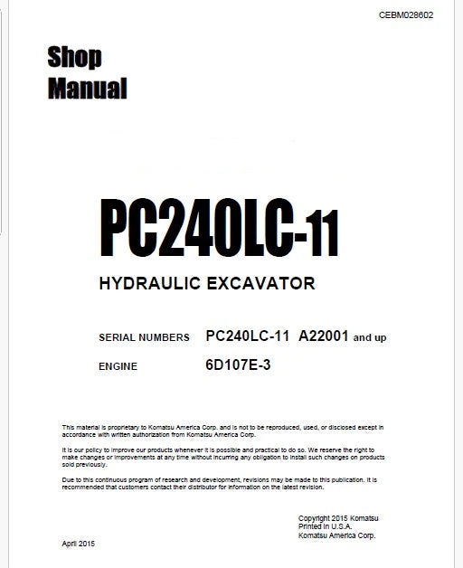 Komatsu PC240LC-11 Hydraulic Excavator Pdf Shop Repair Service Manual Sn A22001 and UP