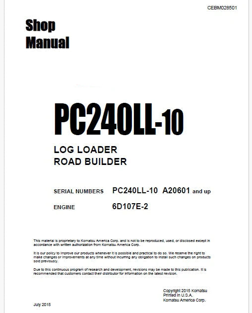 Komatsu PC240LL-10 Log Loader Road Builder Pdf Shop Repair Service Manual Sn A20601 and UP