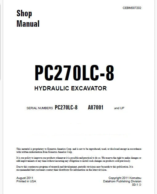 Komatsu PC270LC-8 Hydraulic Excavator Pdf Shop Repair Service Manual Sn A87001 and UP