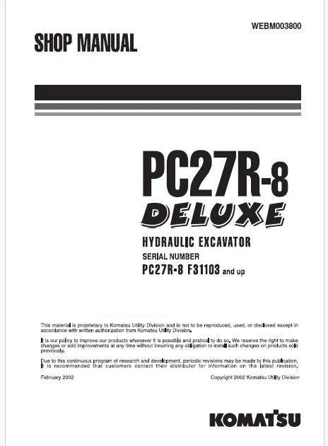 Komatsu PC27R-8 Deluxe Hydraulic Excavator Pdf Repair Service Manual Sn F31103 and UP