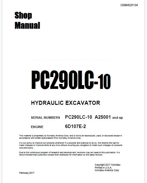 Komatsu PC290LC-10 Hydraulic Excavator Pdf Shop Repair Service Manual Sn A25001 and UP
