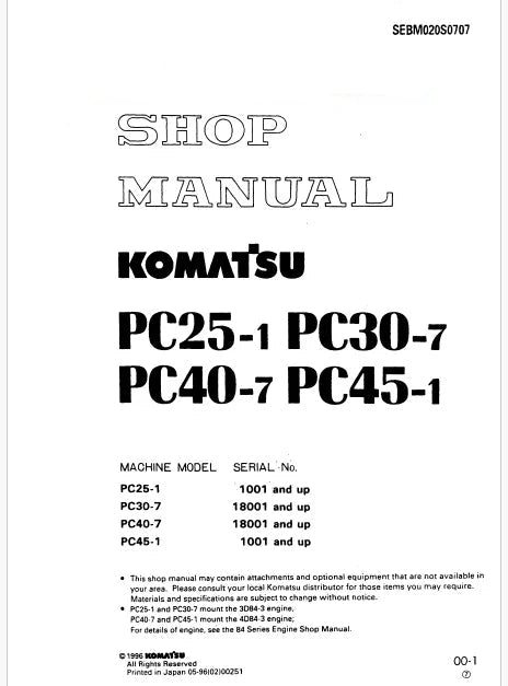 Komatsu PC30-7, PC40-7 Hydraulic Excavator Pdf Repair Service Manual Sn 18001 and UP