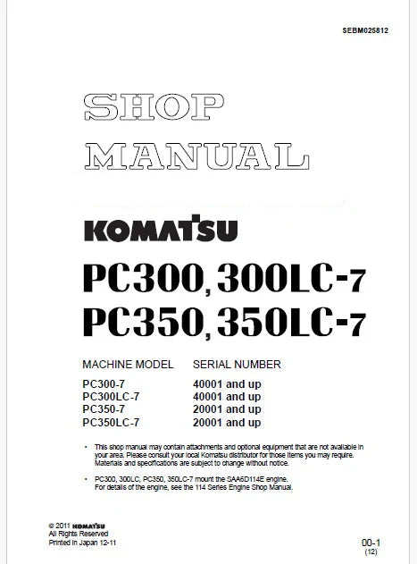 Komatsu PC300-7, PC300LC-7 Hydraulic Excavator Pdf Shop Repair Service Manual Sn 40001 and UP