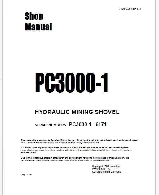 Komatsu PC3000-1 Hydraulic Mining Shovel Pdf Repair Service Manual Sn 6171