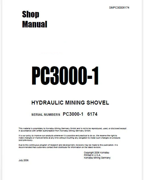 Komatsu PC3000-1 Hydraulic Mining Shovel Pdf Repair Service Manual Sn 6174