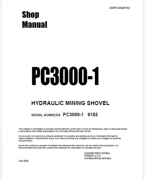 Komatsu PC3000-1 Hydraulic Mining Shovel Pdf Repair Service Manual Sn 6182