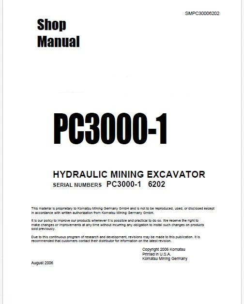 Komatsu PC3000-1 Hydraulic Mining Shovel Pdf Repair Service Manual Sn 6202