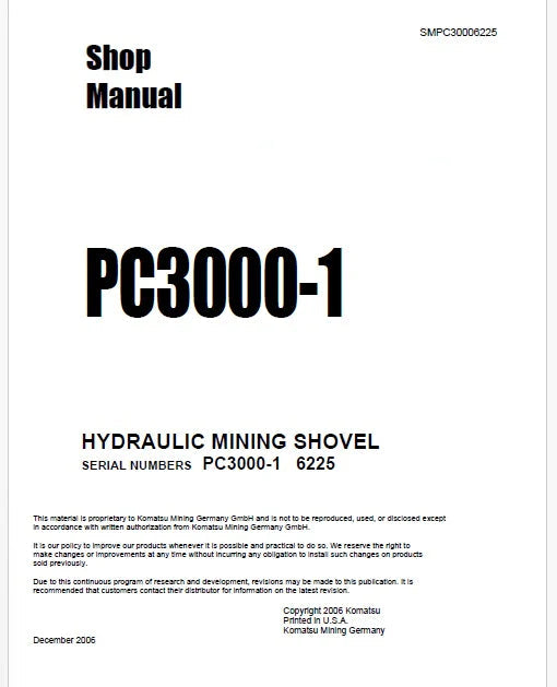 Komatsu PC3000-1 Hydraulic Mining Shovel Pdf Repair Service Manual Sn 6225