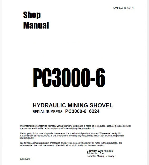 Komatsu PC3000-6 Hydraulic Mining Shovel Pdf Repair Service Manual Sn 6224