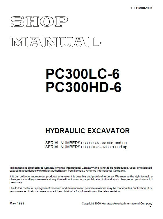 Komatsu PC300LC-6, PC300HD-6 Crawler Hydraulic Excavator Pdf Shop Repair Service Manual (Sn A80001 And Up)