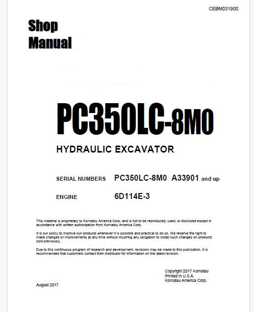 Komatsu PC350LC-8M0 Hydraulic Excavator Pdf Shop Repair Service Manual Sn A33901 and UP
