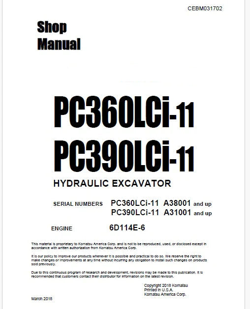 Komatsu PC390LCi-11 Hydraulic Excavator Pdf Shop Repair Service Manual Sn A31001 and UP